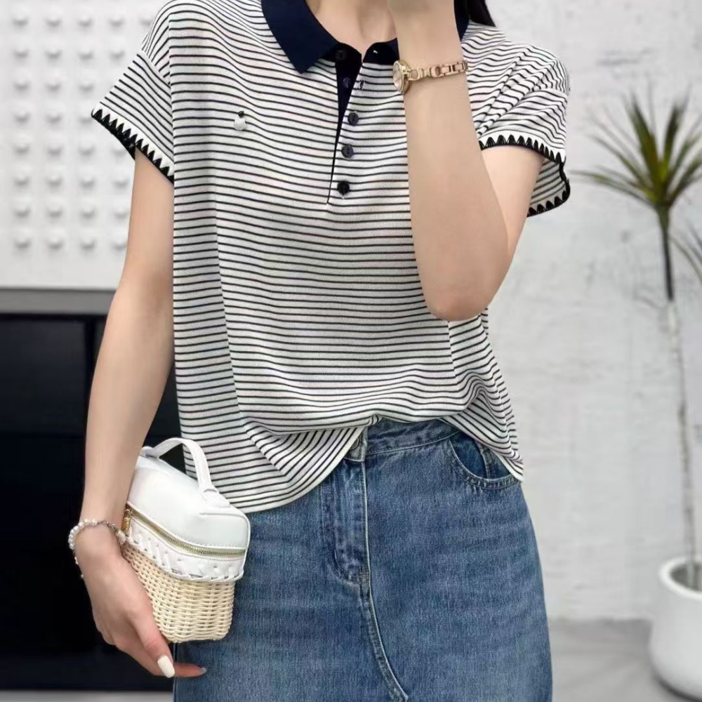POLO领条纹小飞袖t恤女夏季高级感别致休闲百搭上衣服