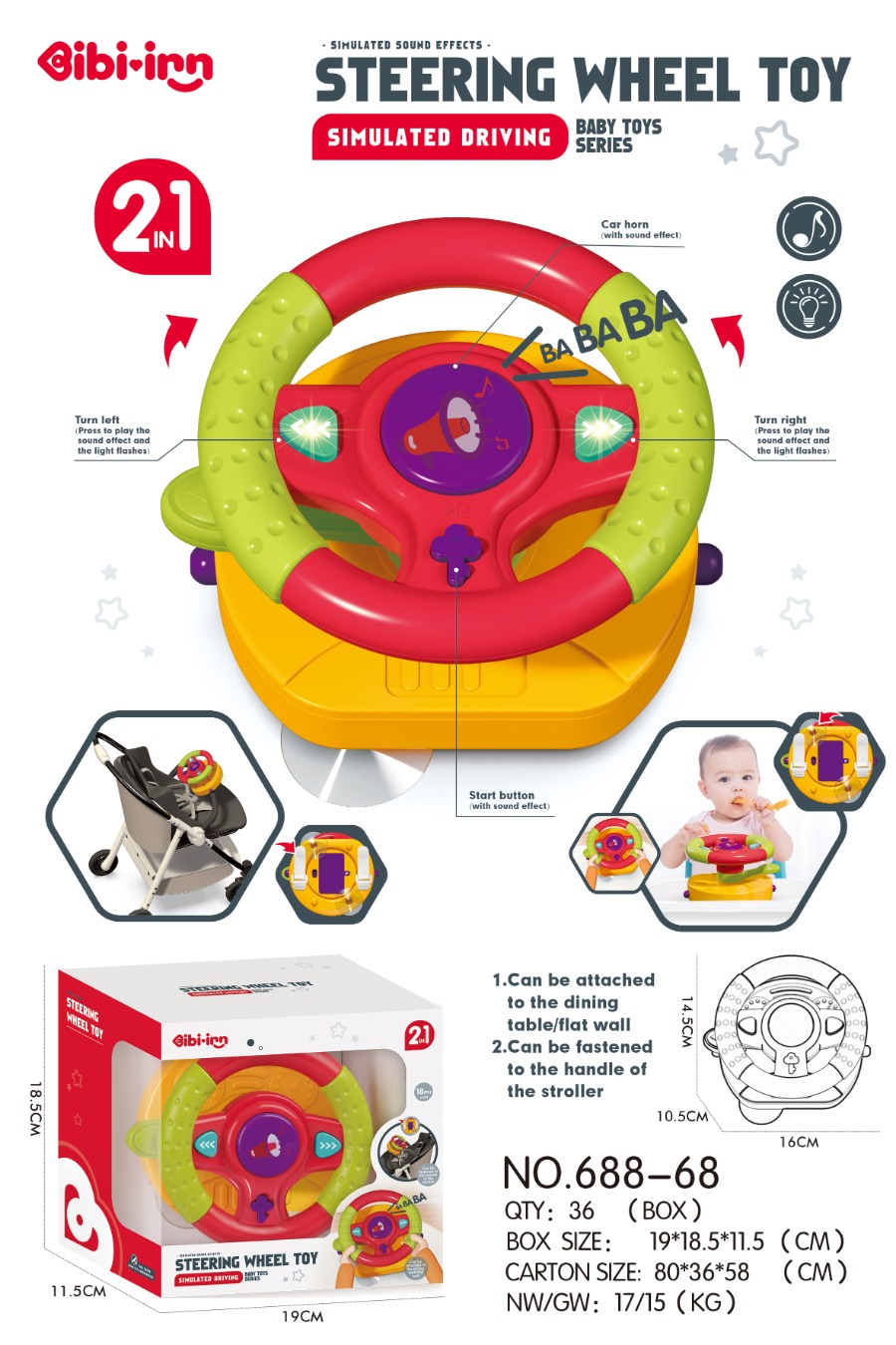 2-in-1 children's simulated sound and light steering wheel toy