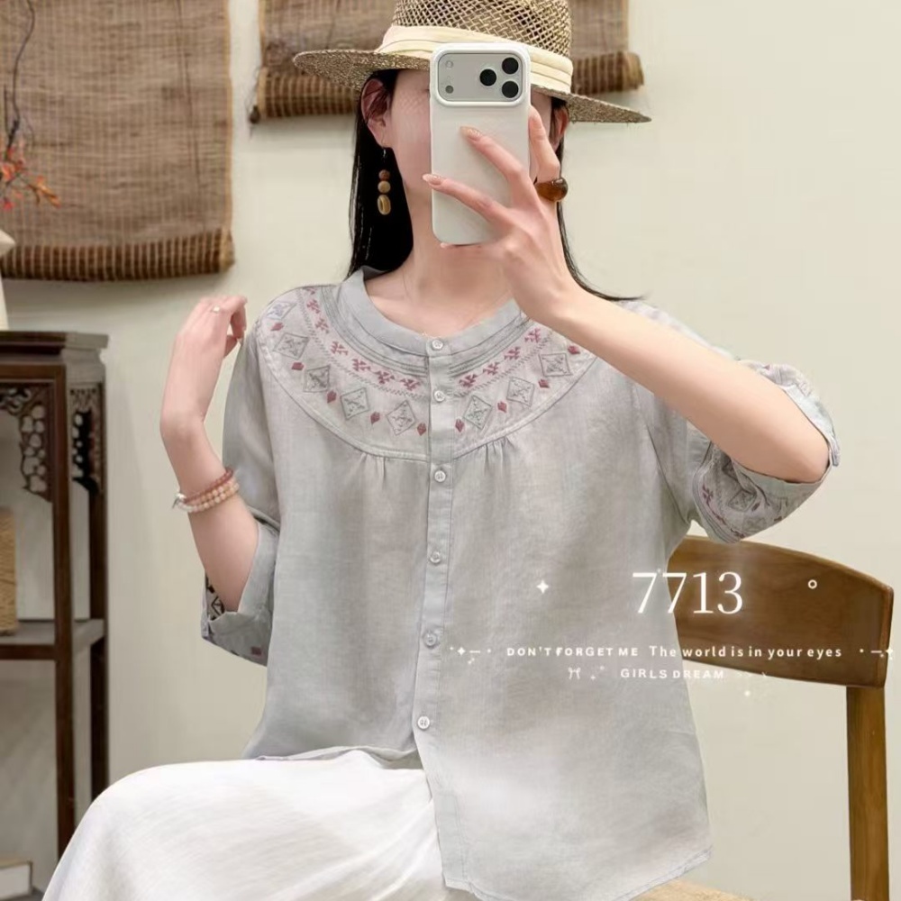 Pink embroidered short-sleeved shirt for women, loose, fashionable and casual women's top Specification image