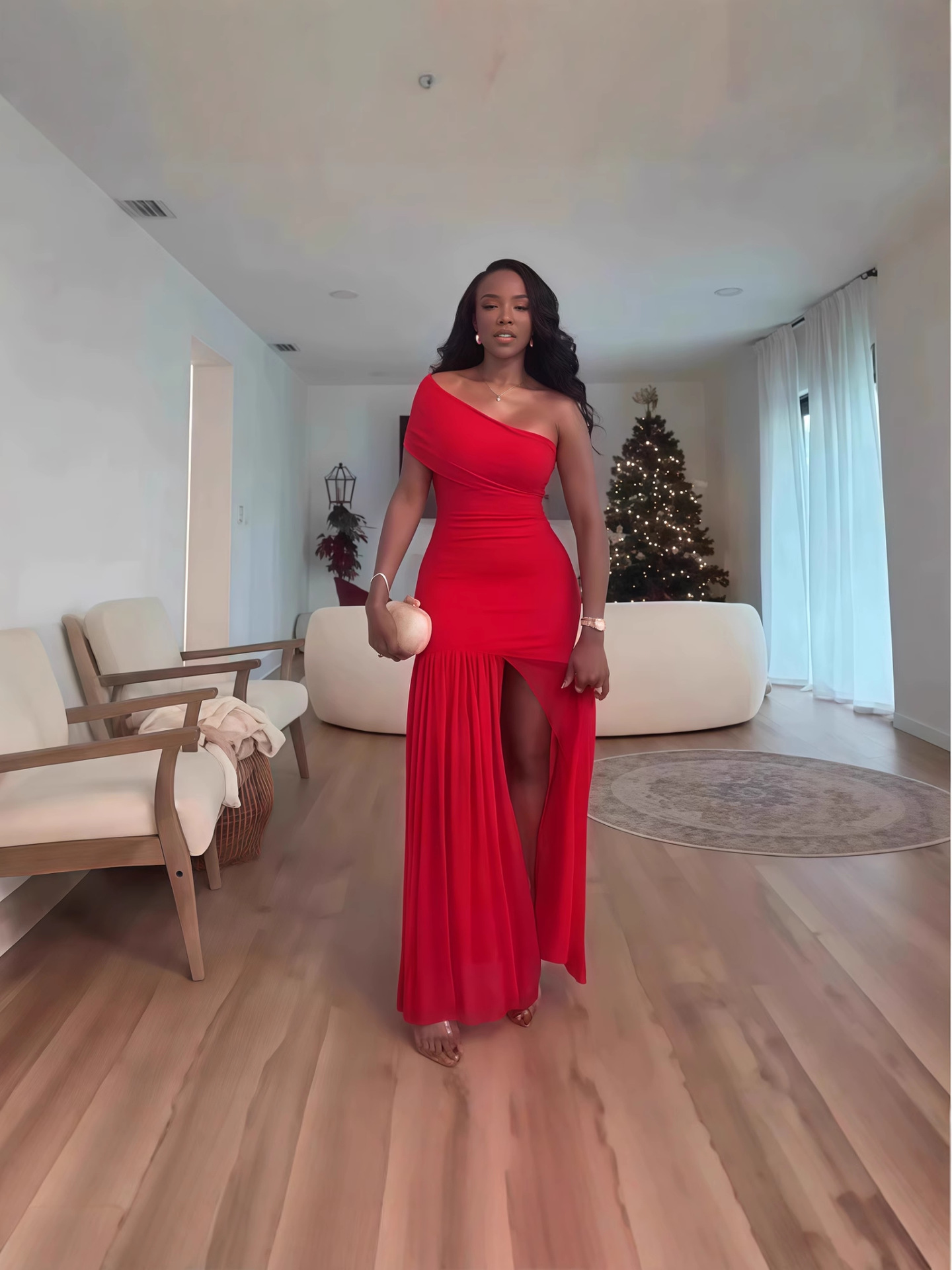 Red, black and white one-shoulder party fashion women's dress, dress, dress, dress full figure