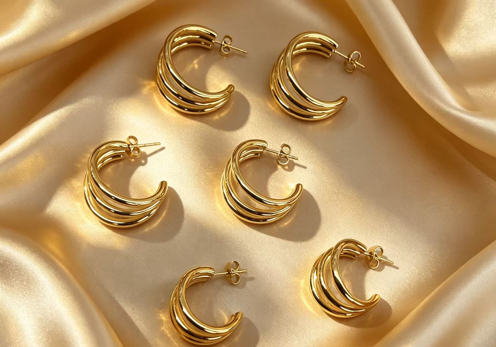 欧美风钛钢C型多层耳环 金色银色百搭高级感潮流耳饰不掉色