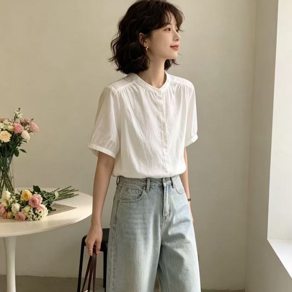 纯色短袖衬衫2026文艺森女系圆领单排扣捏褶设计显瘦百搭休闲上衣