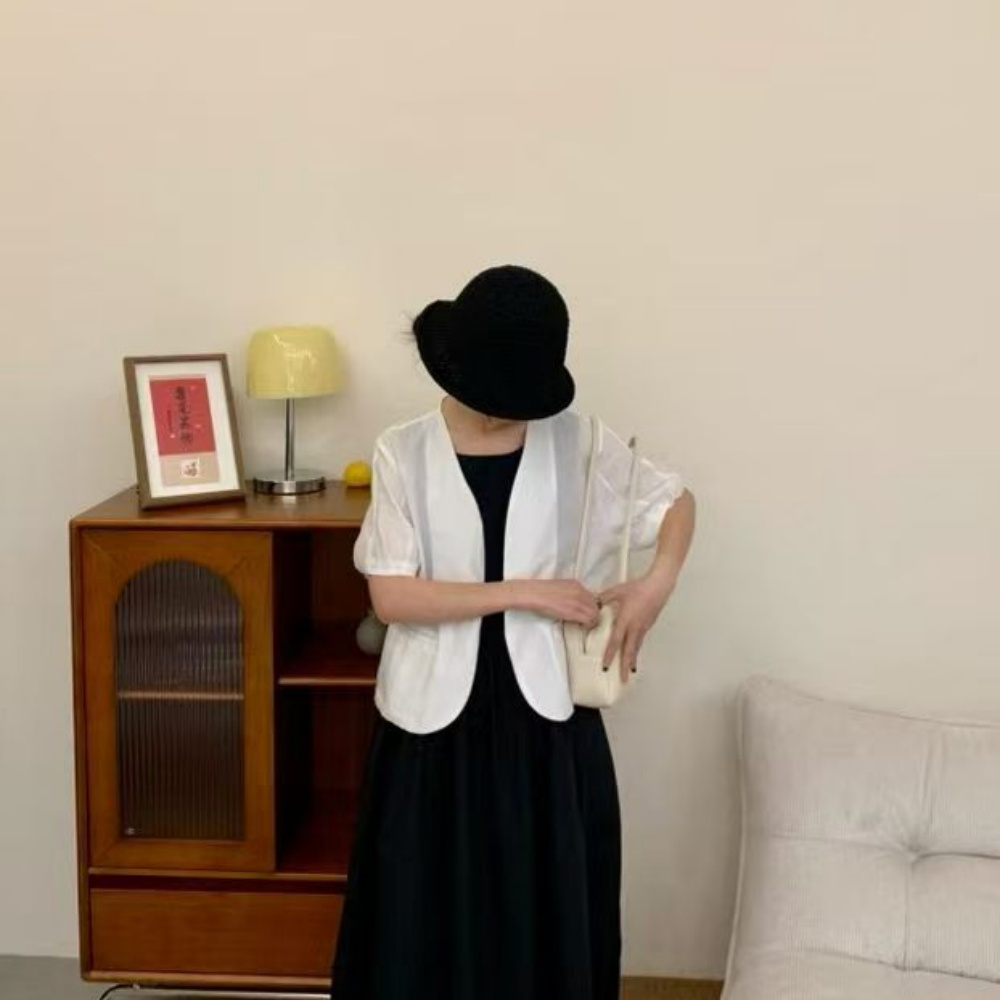 夏新款韩版气质领修身泡泡袖衬衫女一粒扣短款休闲时尚上衣产品图
