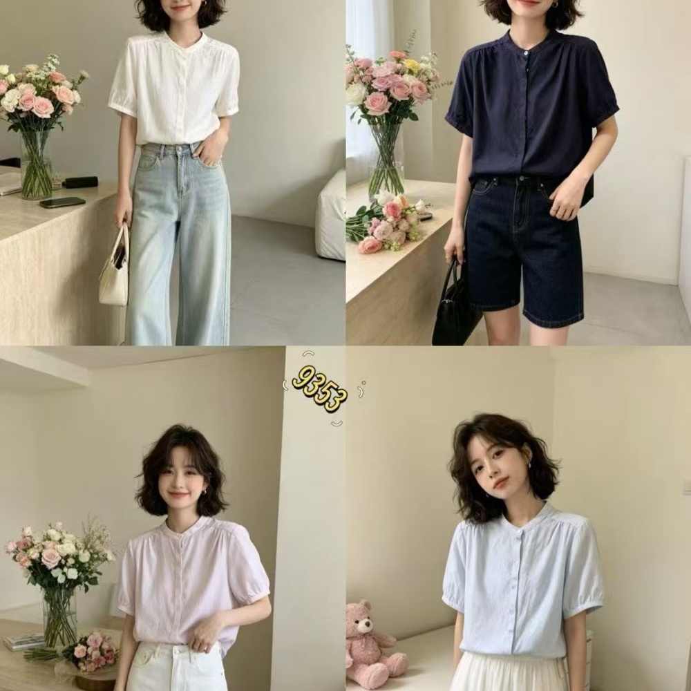 Solid-colored short-sleeved shirt 2026, a bohemian-style women's round-neck single-breasted pleated design, slimming, versatile and casual top Application Scenario