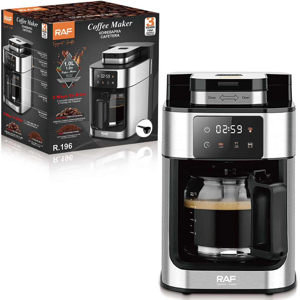 RAF European and American fully automatic coffee machine with a grinding drip coffee pot, timer touch screen coffee machine, 1L Item Picture