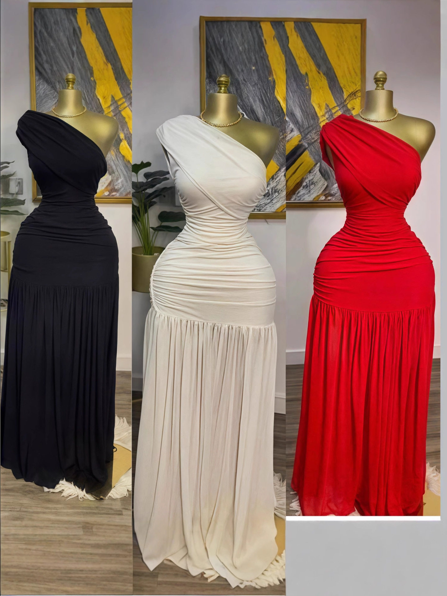 Red, black and white one-shoulder party fashion women's dress, dress, dress, dress Item Picture