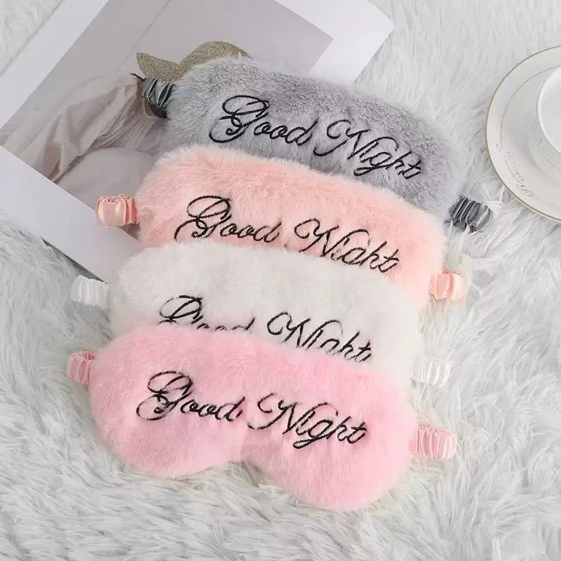 Eye mask, plush goodnight embroidered letters, sleep shading, silk-like rabbit fur, simple and comfortable, all eyes in stock