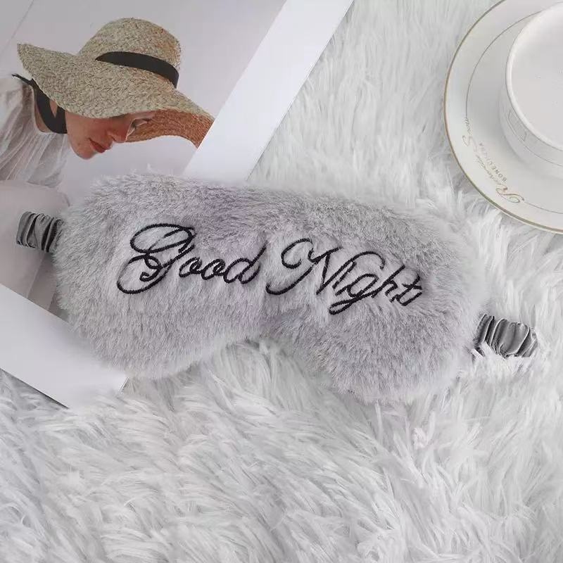 Eye mask, plush goodnight embroidered letters, sleep shading, silk-like rabbit fur, simple and comfortable, all eyes in stock details Picture