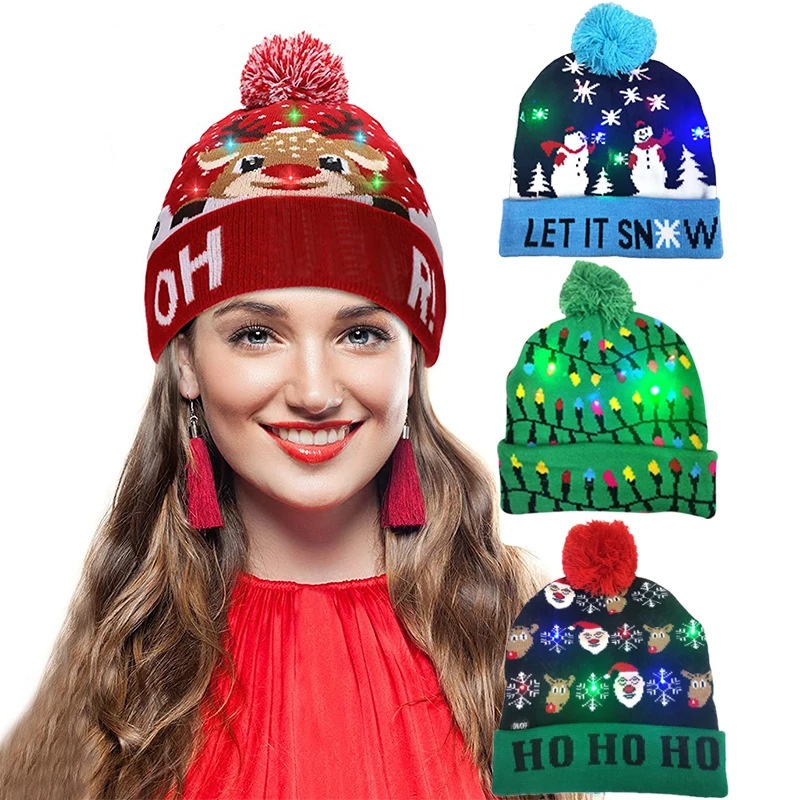 MARD Christmas themed illuminated woolen hats: 12 LED knitted hats featuring snowman, reindeer and Christmas tree patterns Specification image