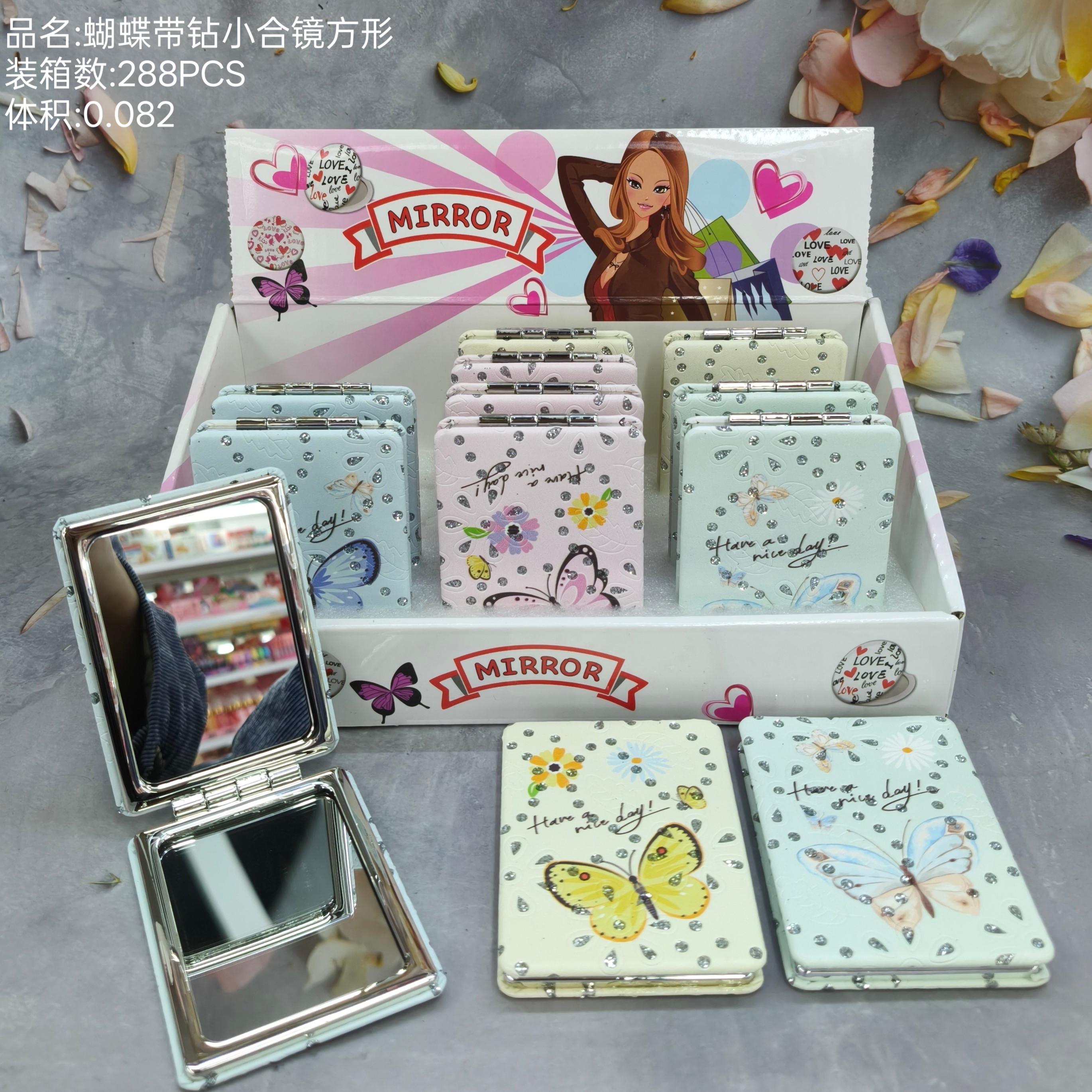 批发可爱卡通铝合金带钻小镜子放大便携化妆镜创意圆形随身镜子详情8
