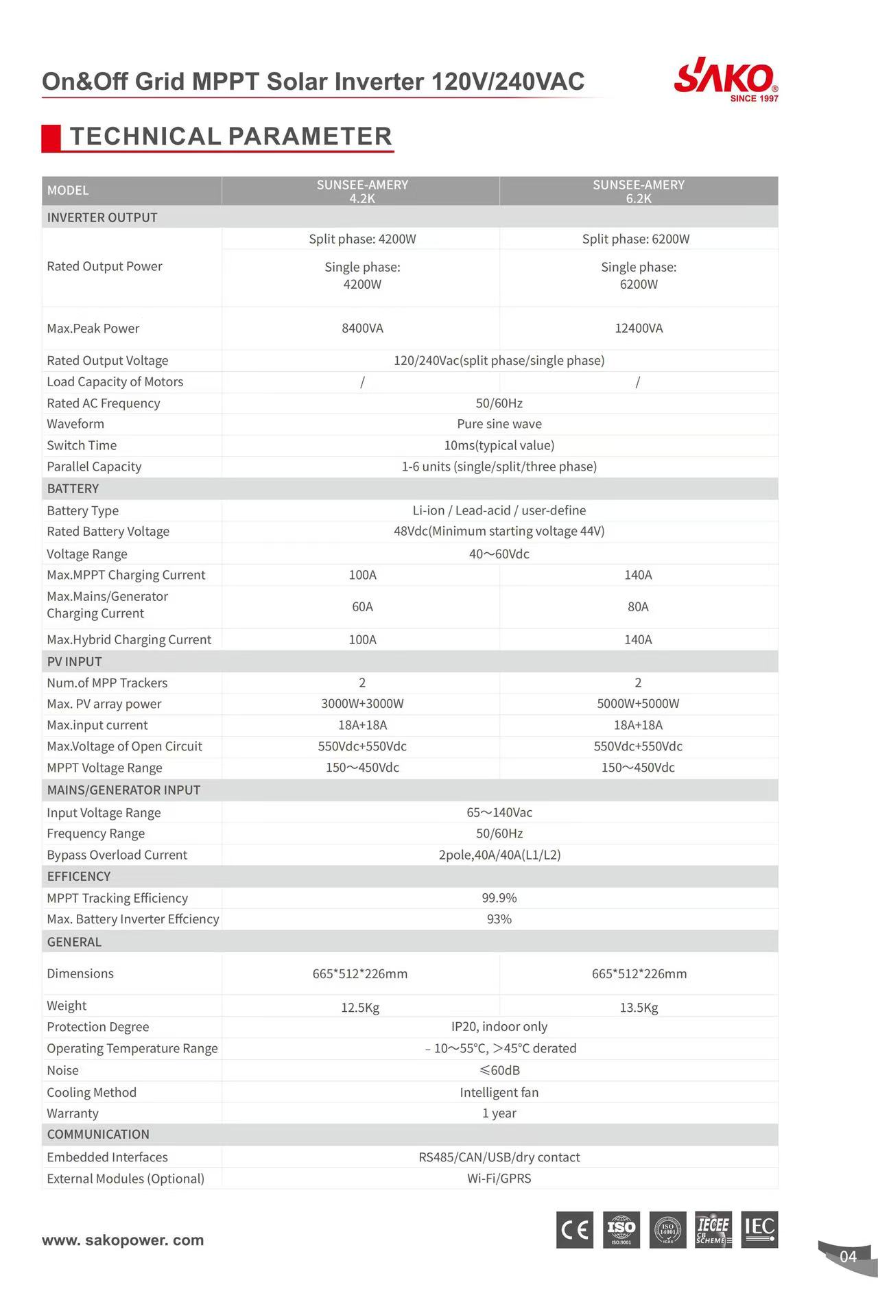 SAKO SUNSEE Amery household solar inverter 6.2KW 48VDC off-grid MPPT dual-phase 120VAC240VAC Specification image
