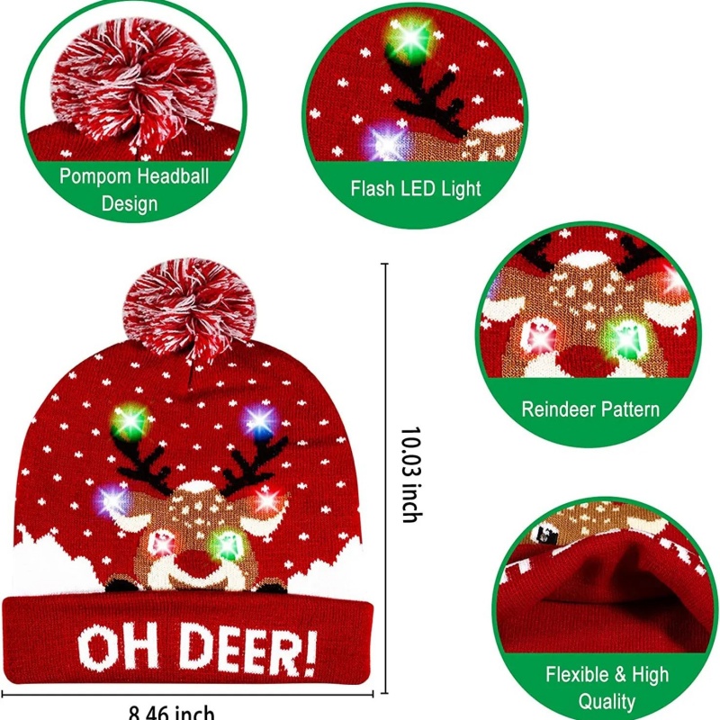 MARD Christmas themed illuminated woolen hats: 12 LED knitted hats featuring snowman, reindeer and Christmas tree patterns details Picture