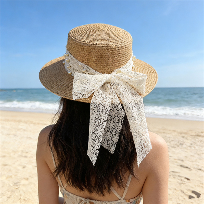 Women's summer flat-topped straw hat, pearl bow straw hat, beach hat, sun protection hat, seaside vacation, outdoor travel, outdoor leisure sports details Picture