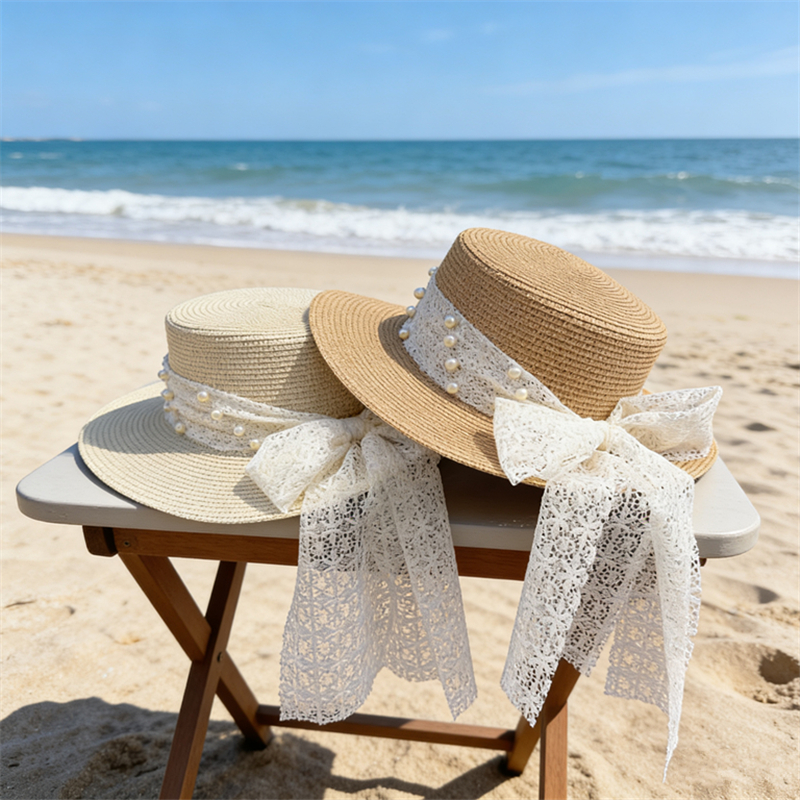 Women's summer flat-topped straw hat, pearl bow straw hat, beach hat, sun protection hat, seaside vacation, outdoor travel, outdoor leisure sports
