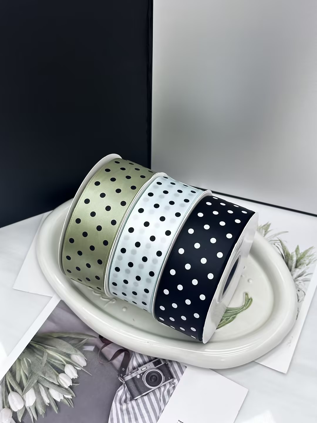 4cm polka dot ribbon: Macaron in full color in stock • High-density ribbon, clear polka dots, large quantity and favorable price • Direct delivery from Yiwu factory, flower gift box packaging, DIY bow special