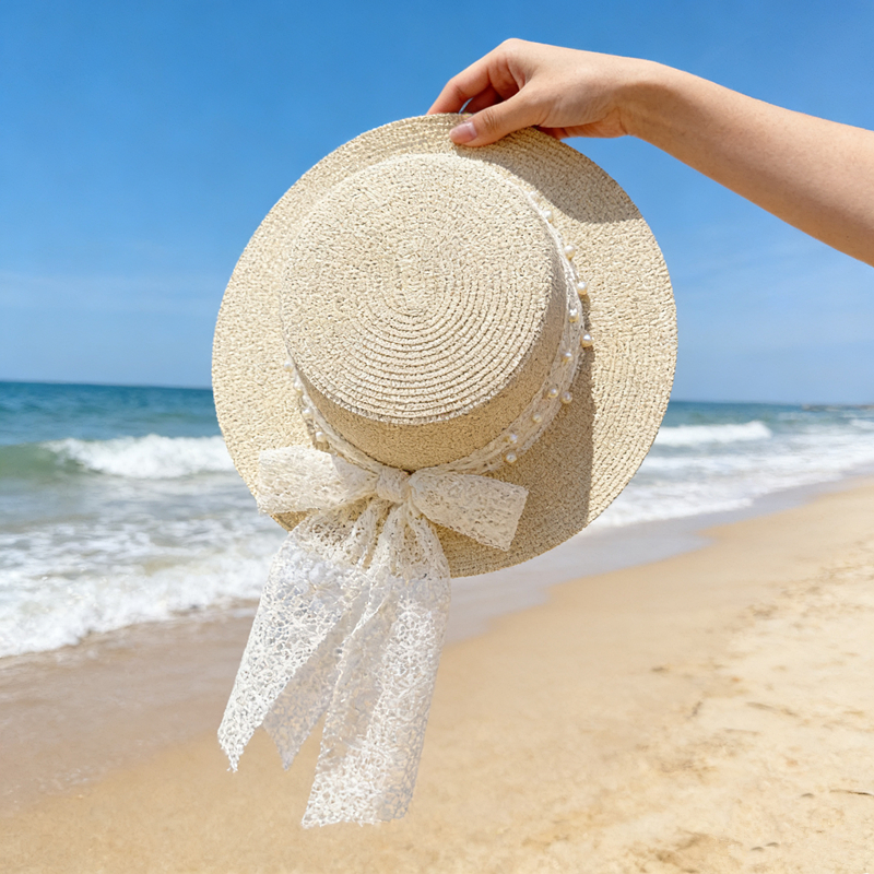 Women's summer flat-topped straw hat, pearl bow straw hat, beach hat, sun protection hat, seaside vacation, outdoor travel, outdoor leisure sports Specification image