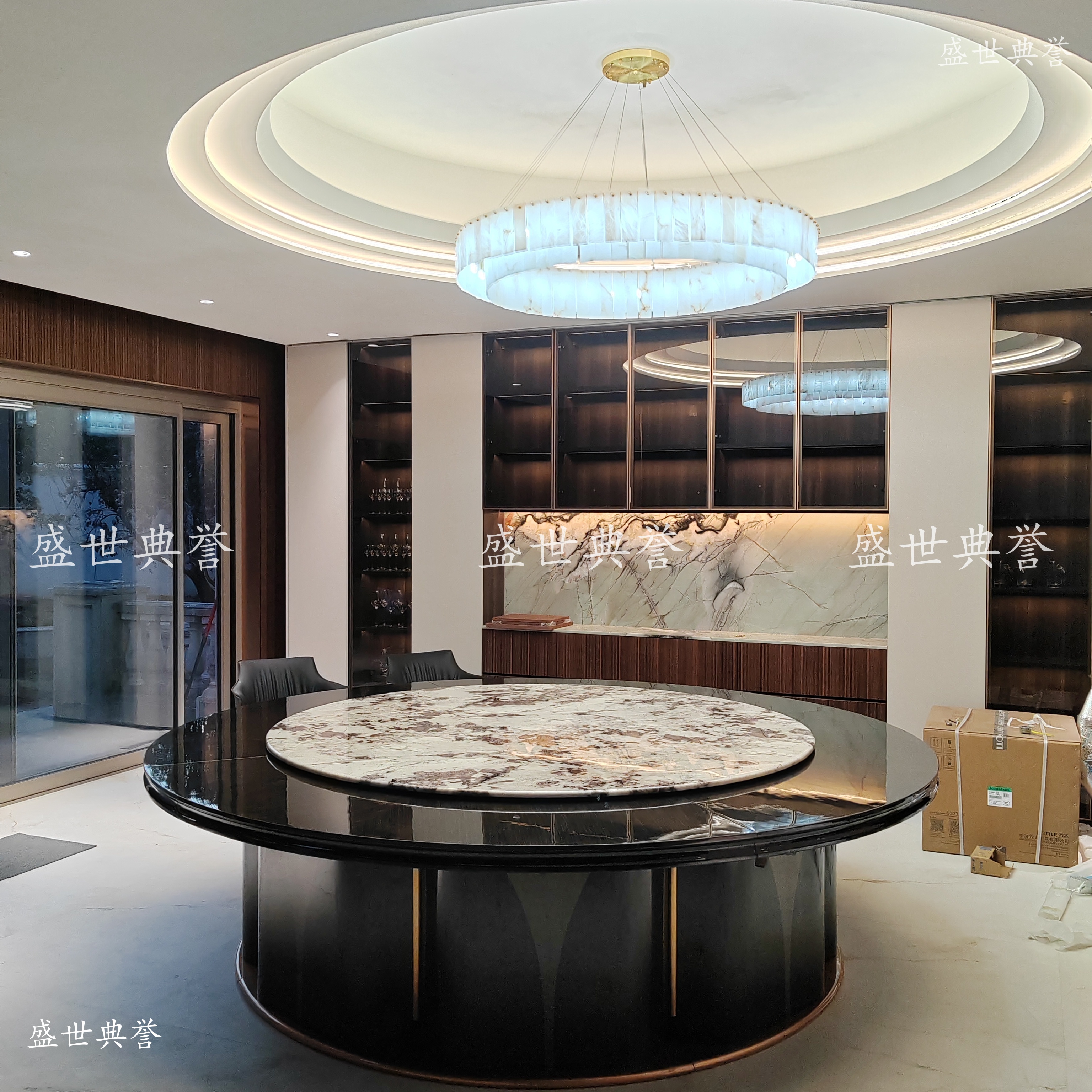 Quzhou high-end villa household electric large round table club Modern light luxury high-gloss piano-lacquered electric dining table