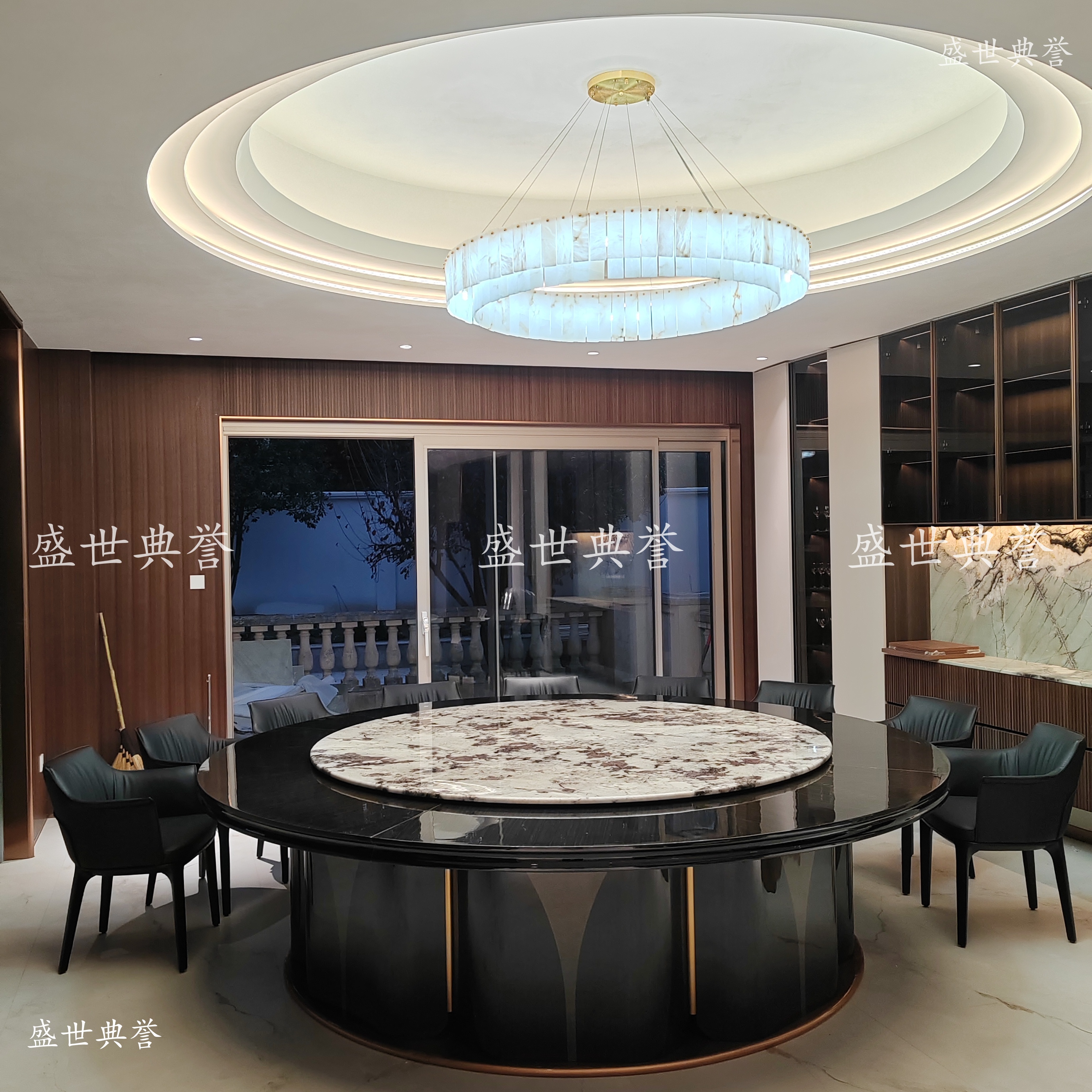 Wenzhou hotel private room light luxury electric dining table and chairs, villa household high-gloss lacquered large round table, business reception table
