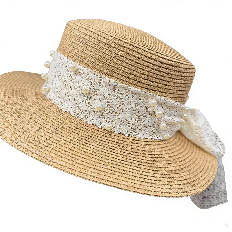 Women's summer flat-topped straw hat, pearl bow straw hat, beach hat, sun protection hat, seaside vacation, outdoor travel, outdoor leisure sports Application Scenario