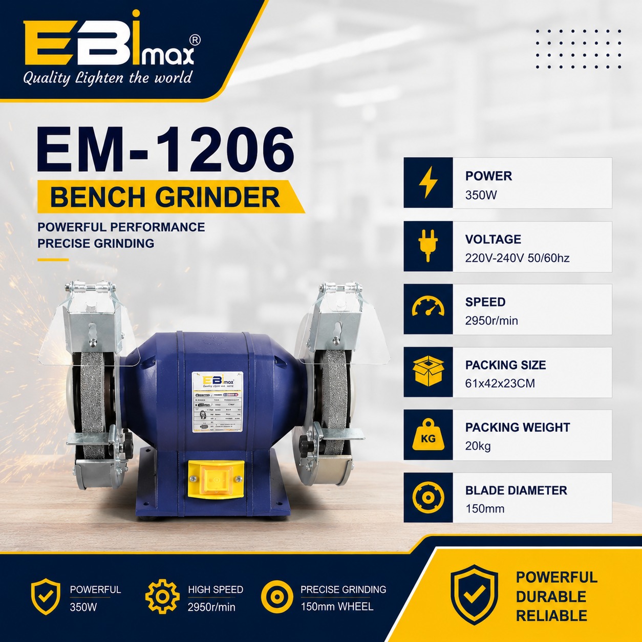 EM1208蓝色台式磨床 120V双轮砂轮机 家用工业打磨抛光设备产品图
