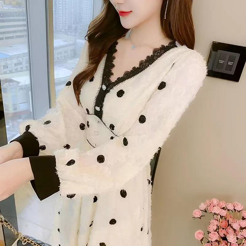 2026 New V-neck lace Korean polka dot dress for women's autumn and winter long-sleeved fashionable dress with high waist full figure