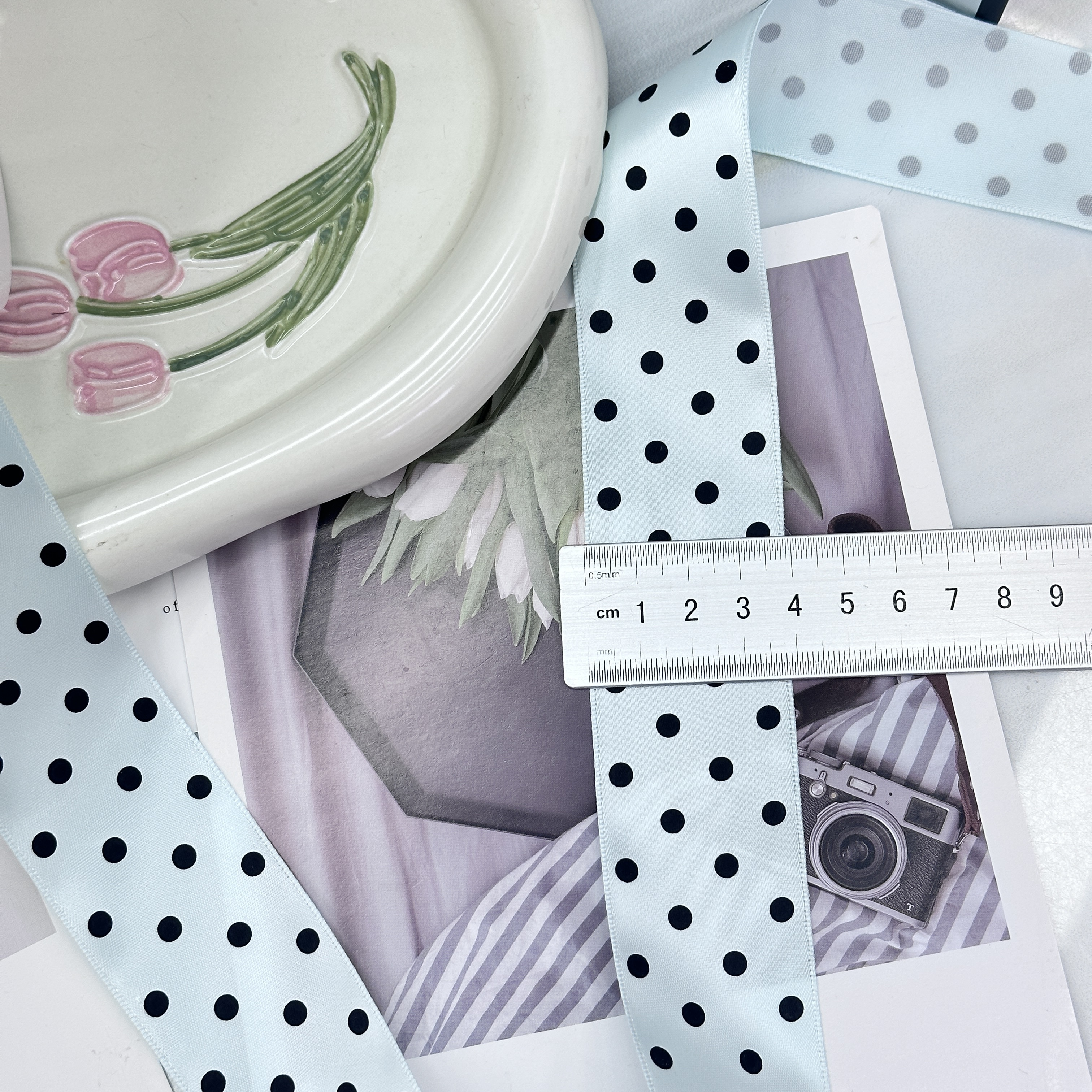 4cm polka dot ribbon: Macaron in full color in stock • High-density ribbon, clear polka dots, large quantity and favorable price • Direct delivery from Yiwu factory, flower gift box packaging, DIY bow special Item Picture