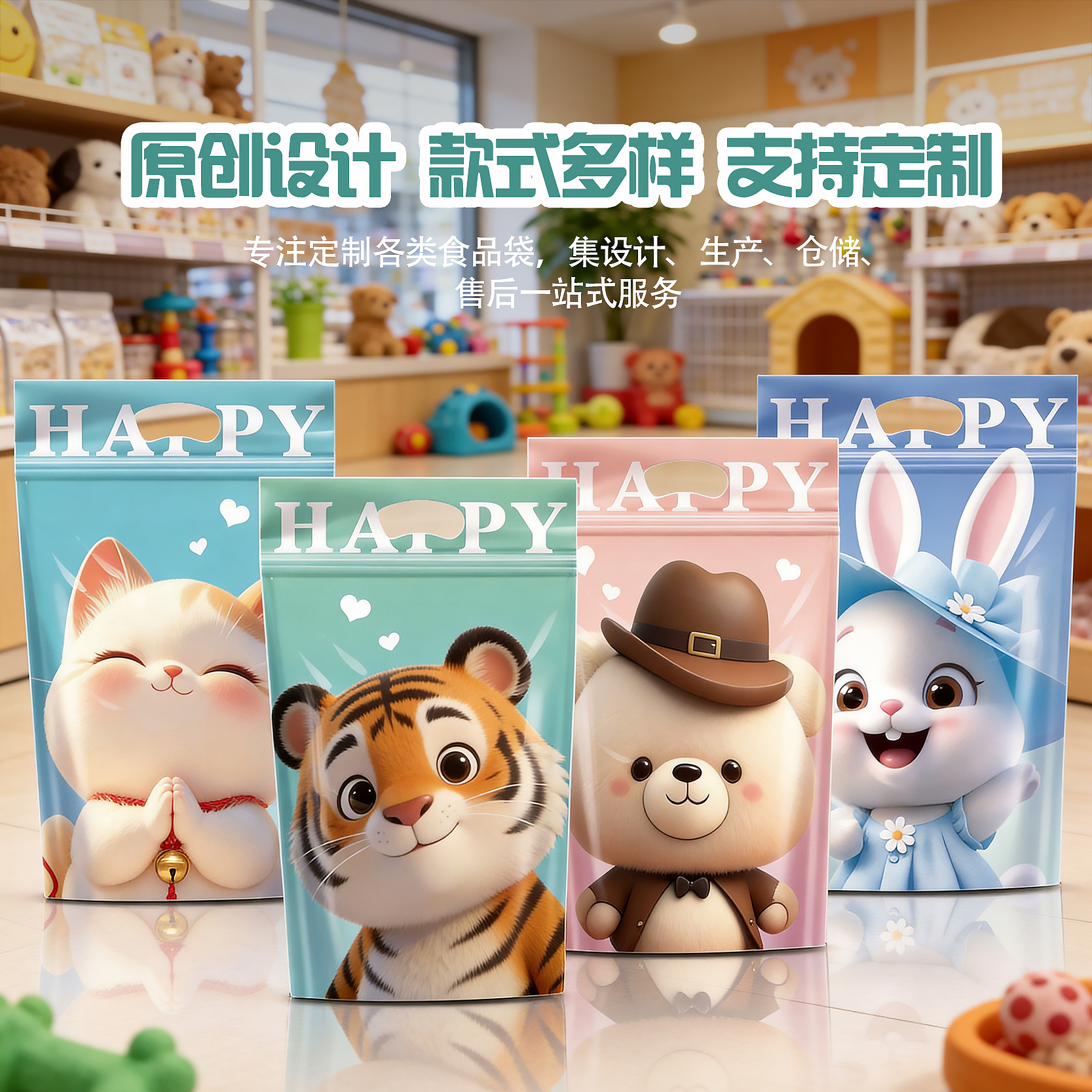 2026新款卡通自封袋萌宠系列 零食品自立袋糖果袋拉链封口密封袋
