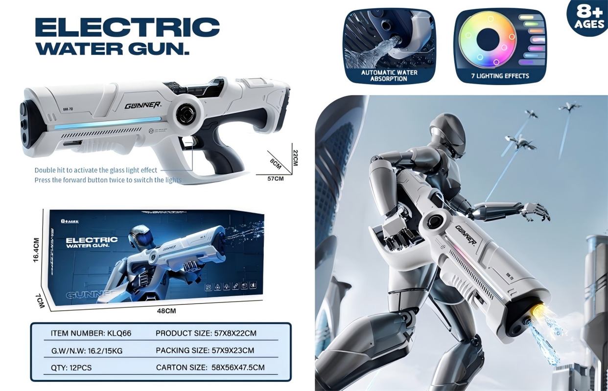 Fully automatic water suction electric continuous shooting water gun, cool light, high-pressure long-range shooting water play toy