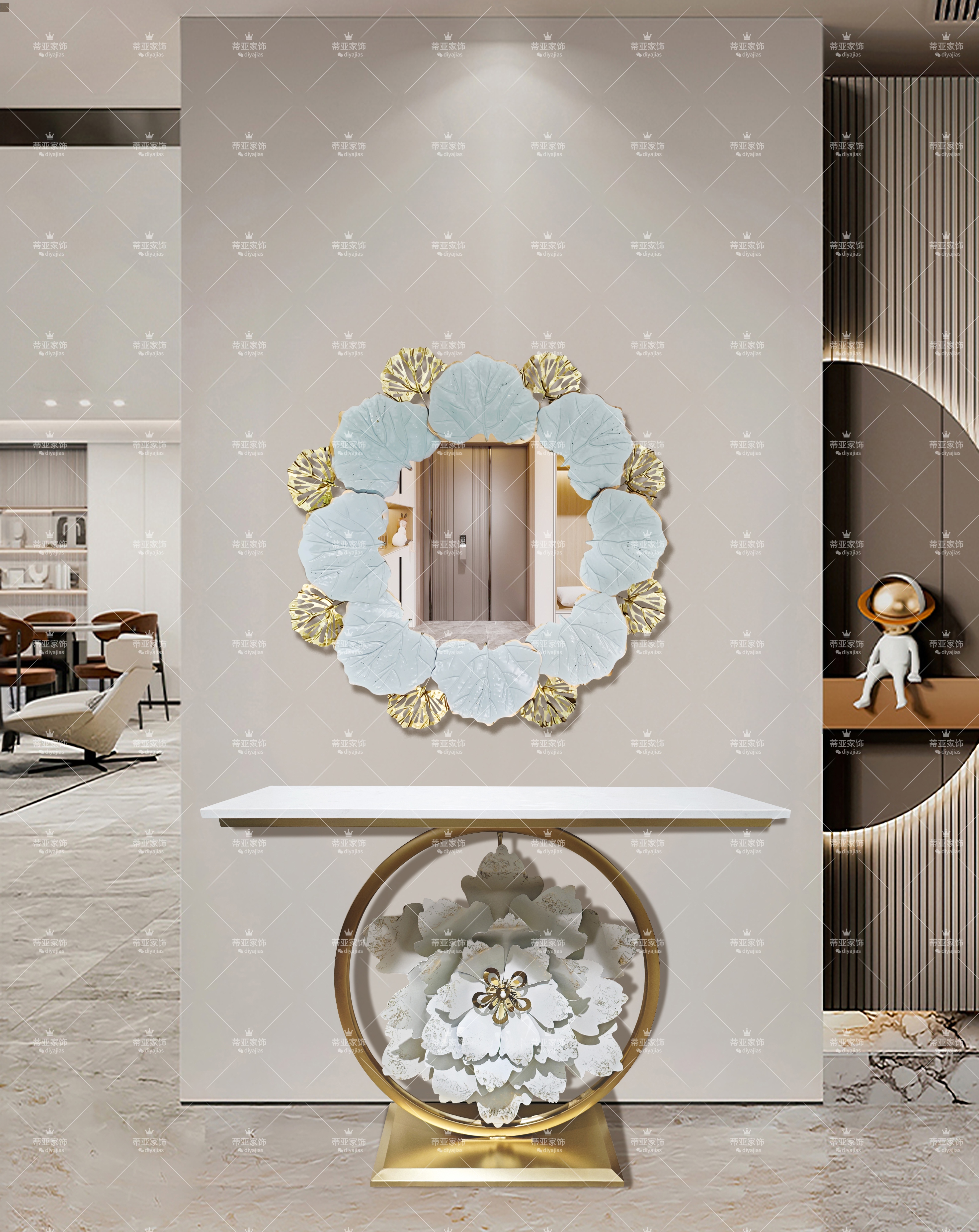 European-style circular leaf-shaped metal three-dimensional decorative mirror with Mosaic panels Item Picture