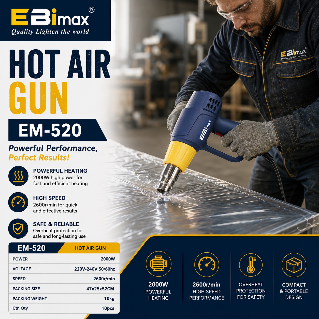EBimax EM-520热风枪烤枪 电机驱动 多档温控 便携式维修工具