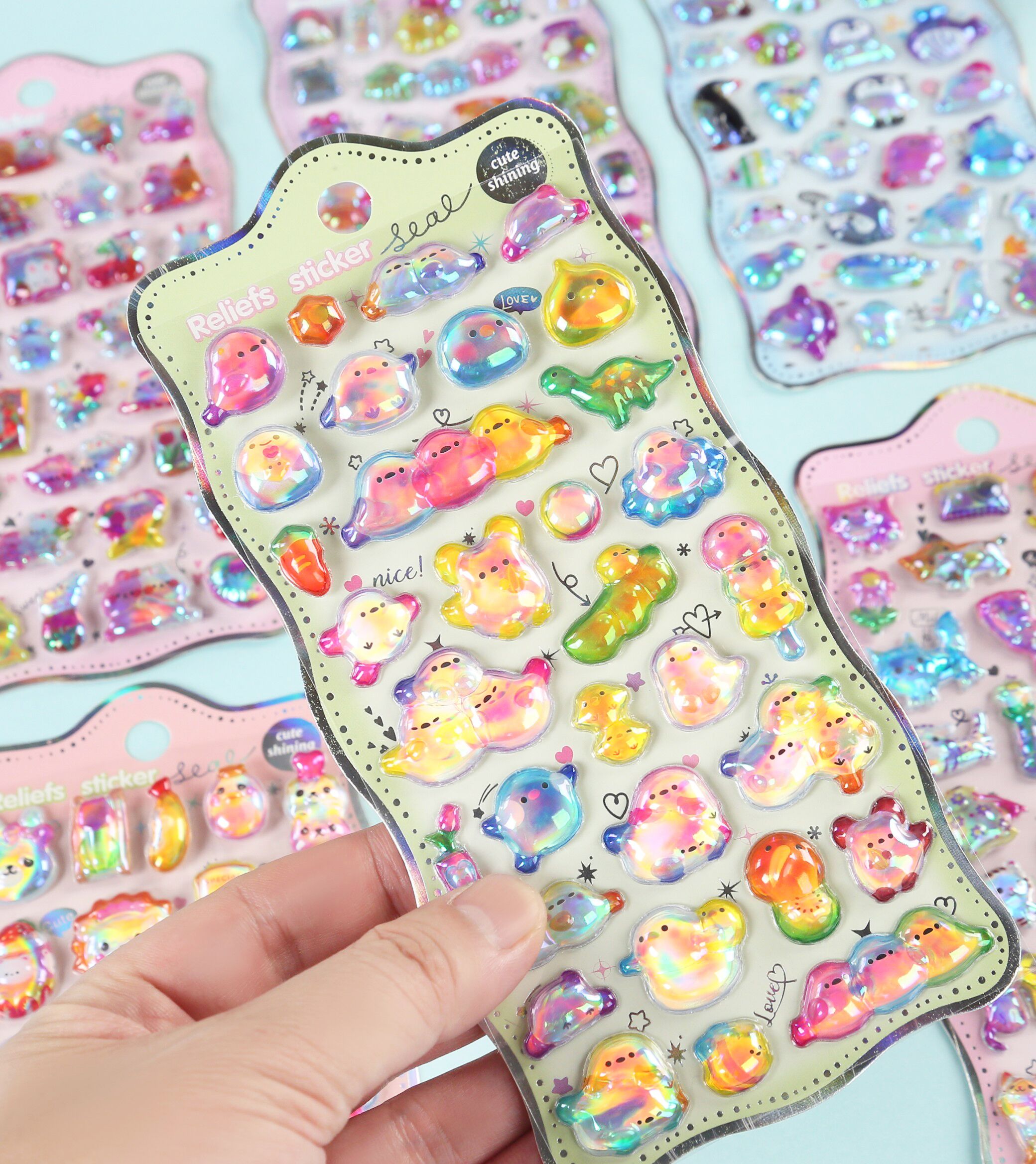 Cartoon rainbow laser relief stickers, children's diy planner stickers, relief three-dimensional stickers, fun mobile phone stickers Specification image