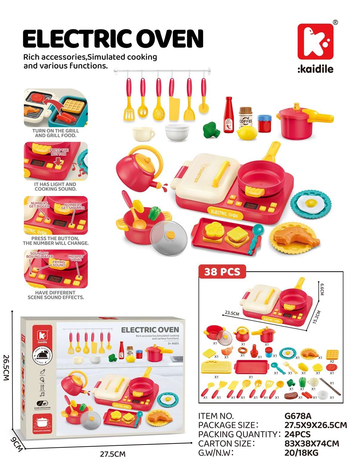 A luxurious set of 38 pieces of children's audio-visual simulation integrated oven, kitchen stove and house play toys Item Picture