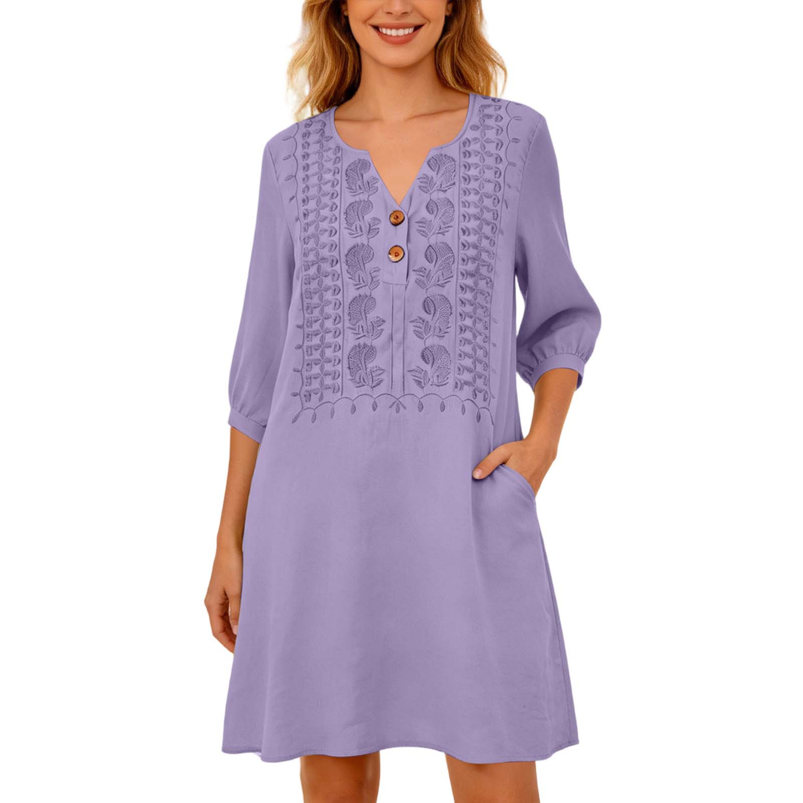 New women's linen cotton Amazon European and American cross-border loose casual solid color embroidered fashionable middress full figure