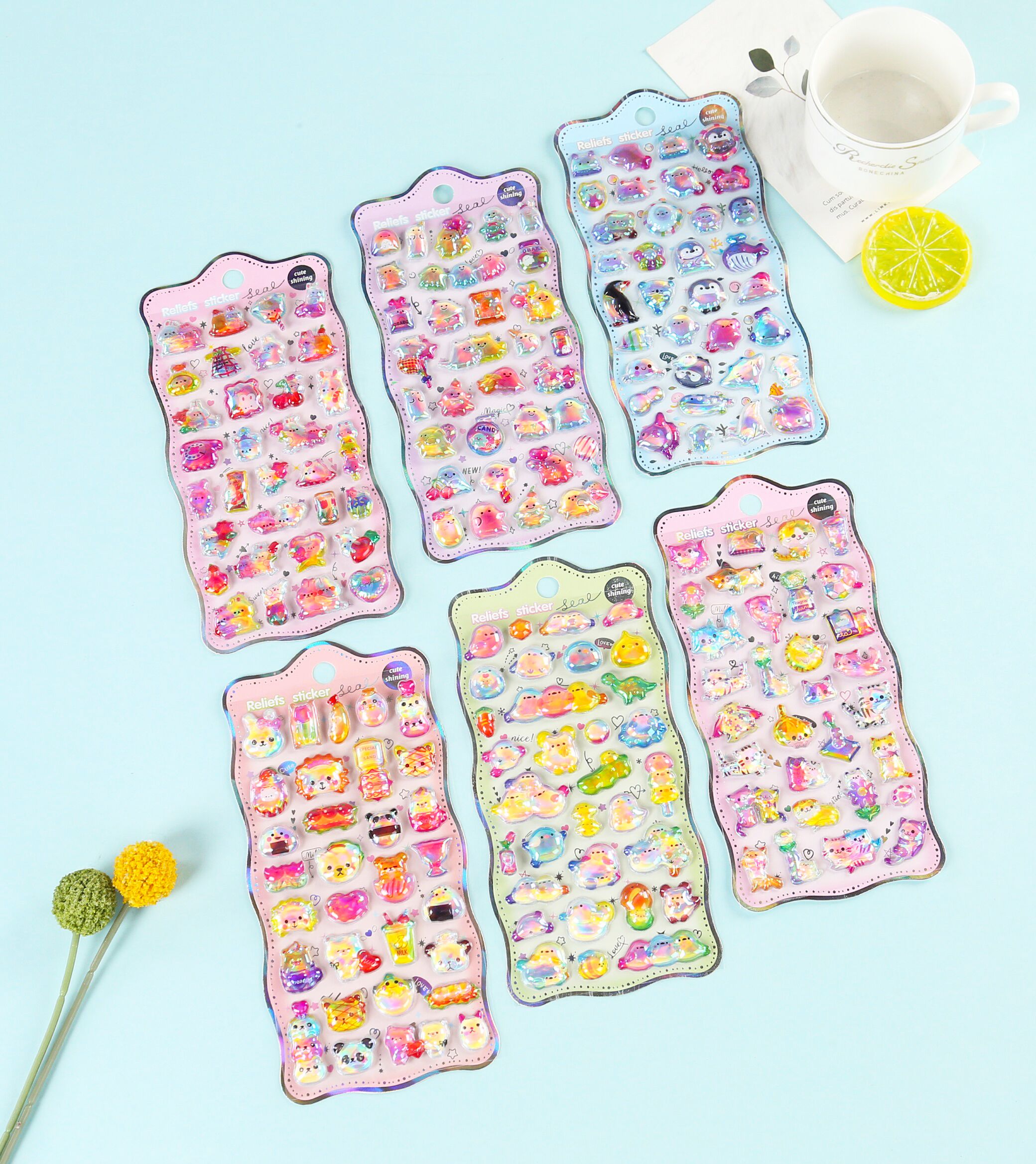 Cartoon rainbow laser relief stickers, children's diy planner stickers, relief three-dimensional stickers, fun mobile phone stickers details Picture