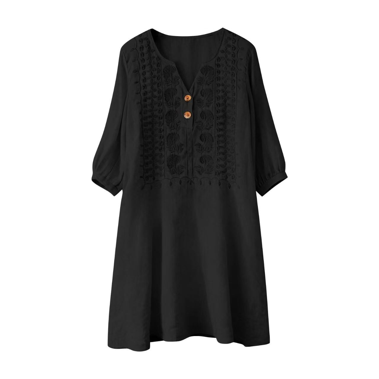 New women's linen cotton Amazon European and American cross-border loose casual solid color embroidered fashionable middress Item Picture