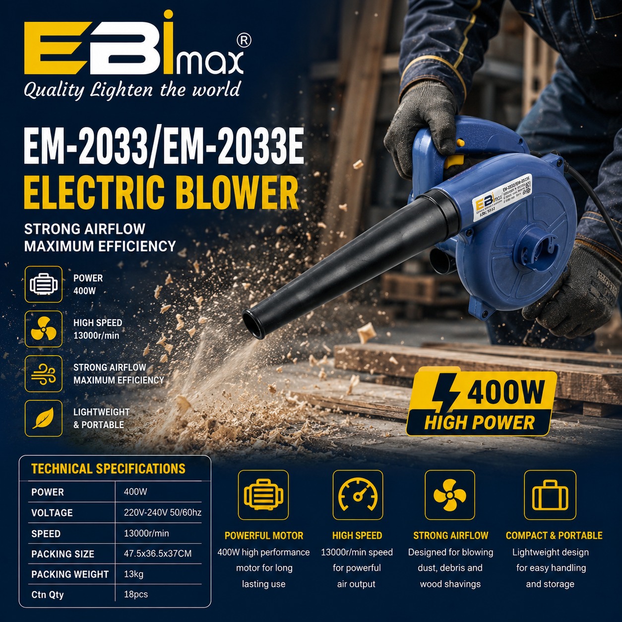 ويُحمل مجفف شعر عنيف محمول باليد، ومدفع هوائية تعمل بالهواء المضغوط Specification image