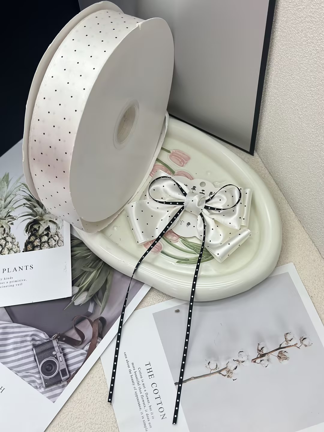4cm polyester yarn dot printing factory direct output, special for DIY bows in flower gift box packaging, abundant stock. Specification image