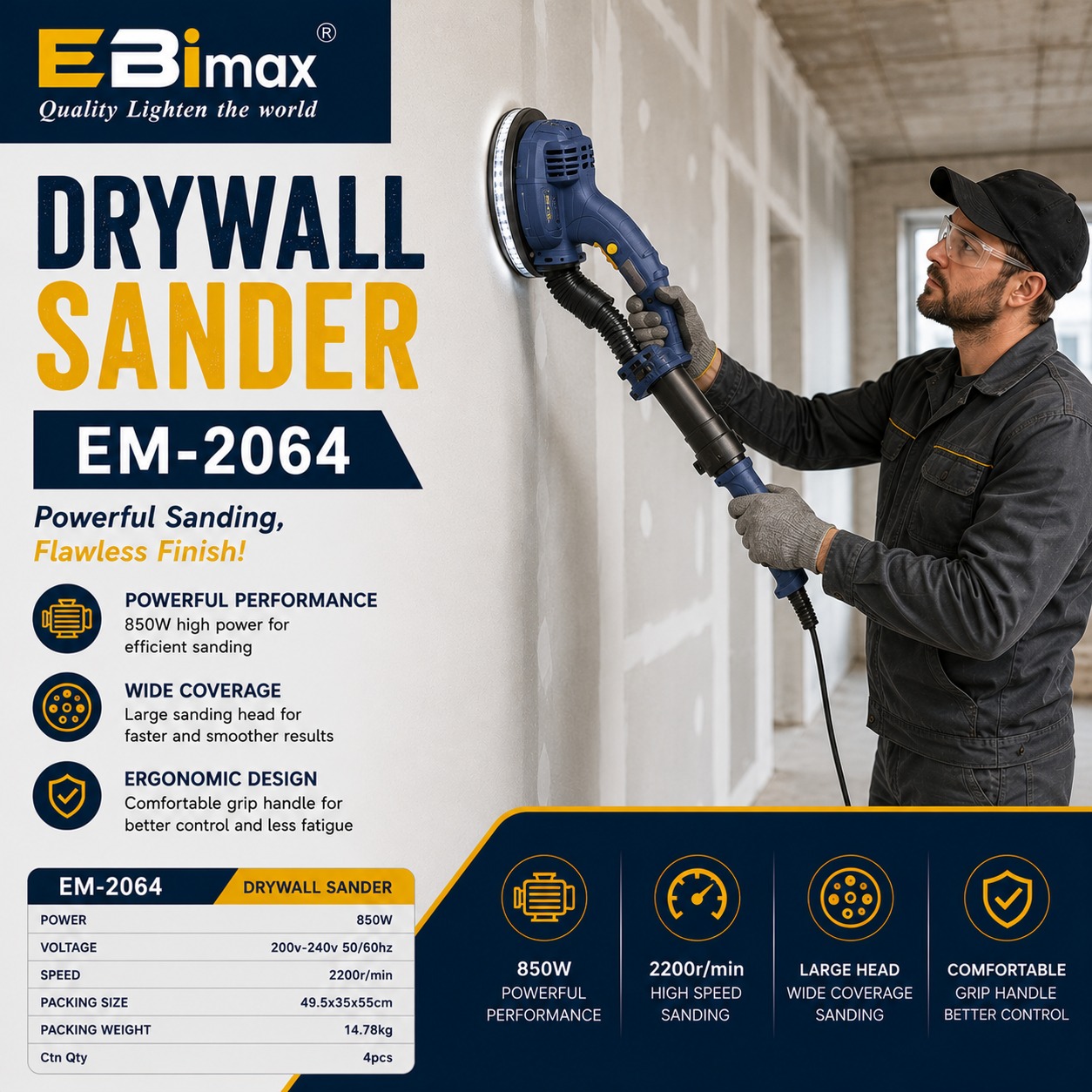 EBimax EM-2062 干墙打磨机 电动墙面打磨机 轻便高效产品图
