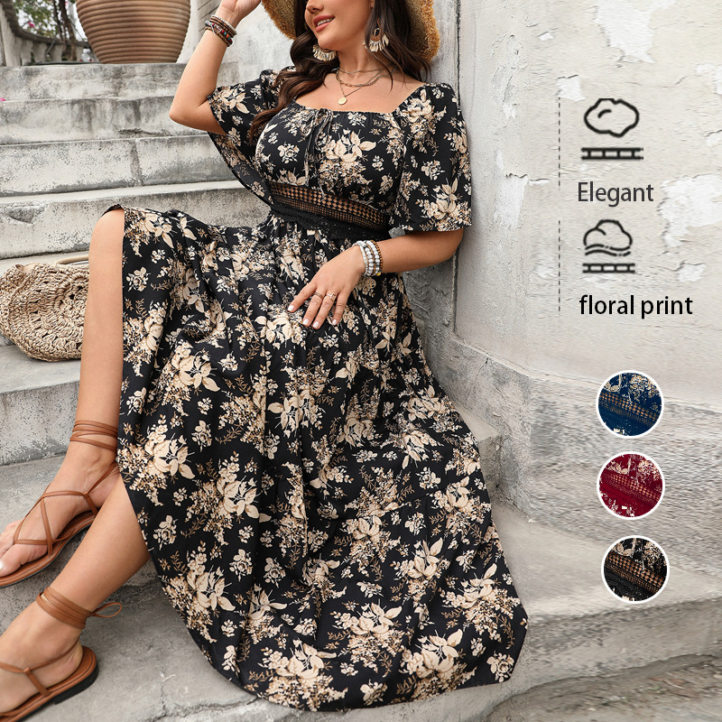2026 New square-neck floral black retro Chinese-style dress, the same sexy print for female models full figure