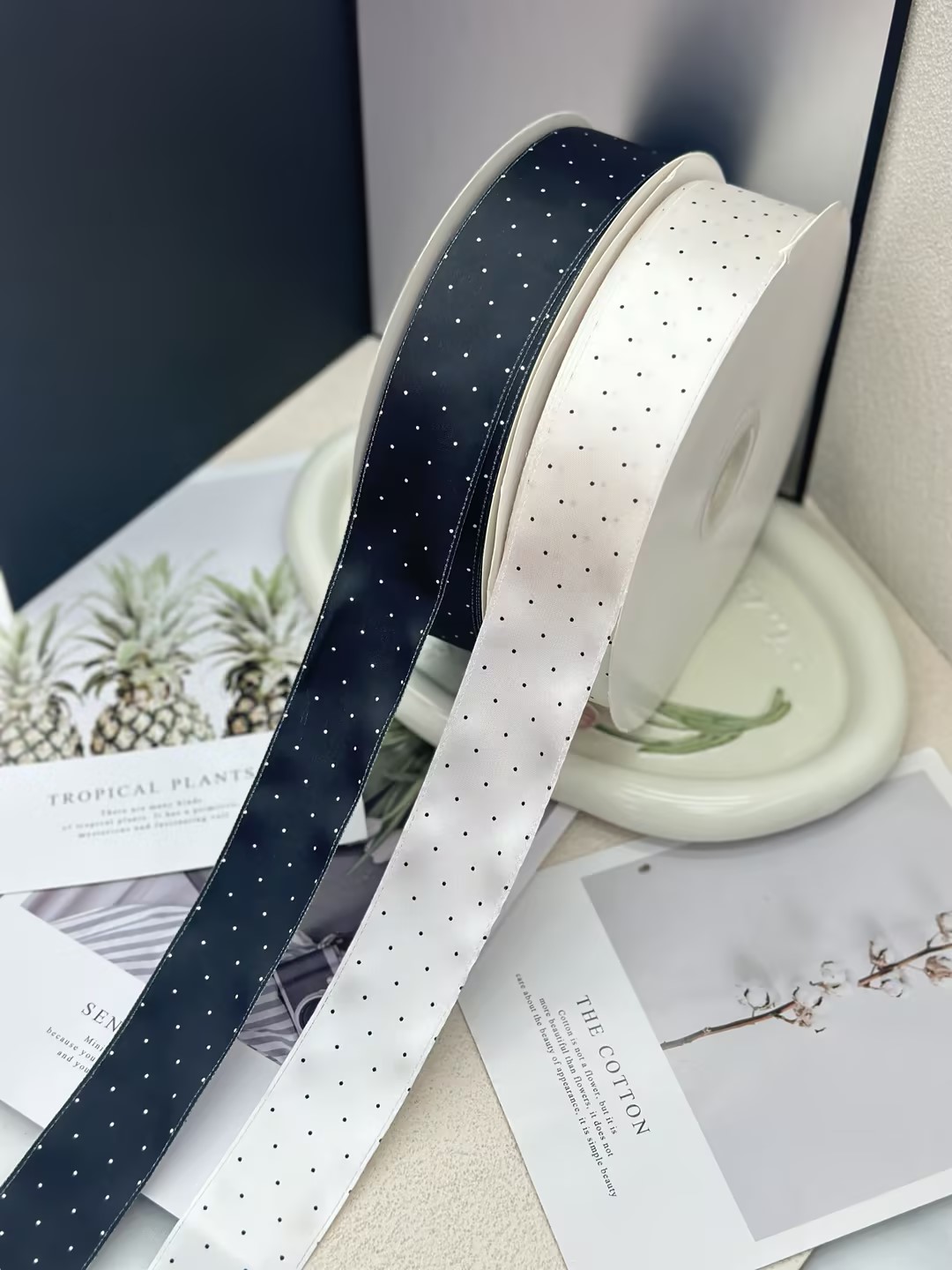 4cm polyester yarn dot printing factory direct output, special for DIY bows in flower gift box packaging, abundant stock. details Picture