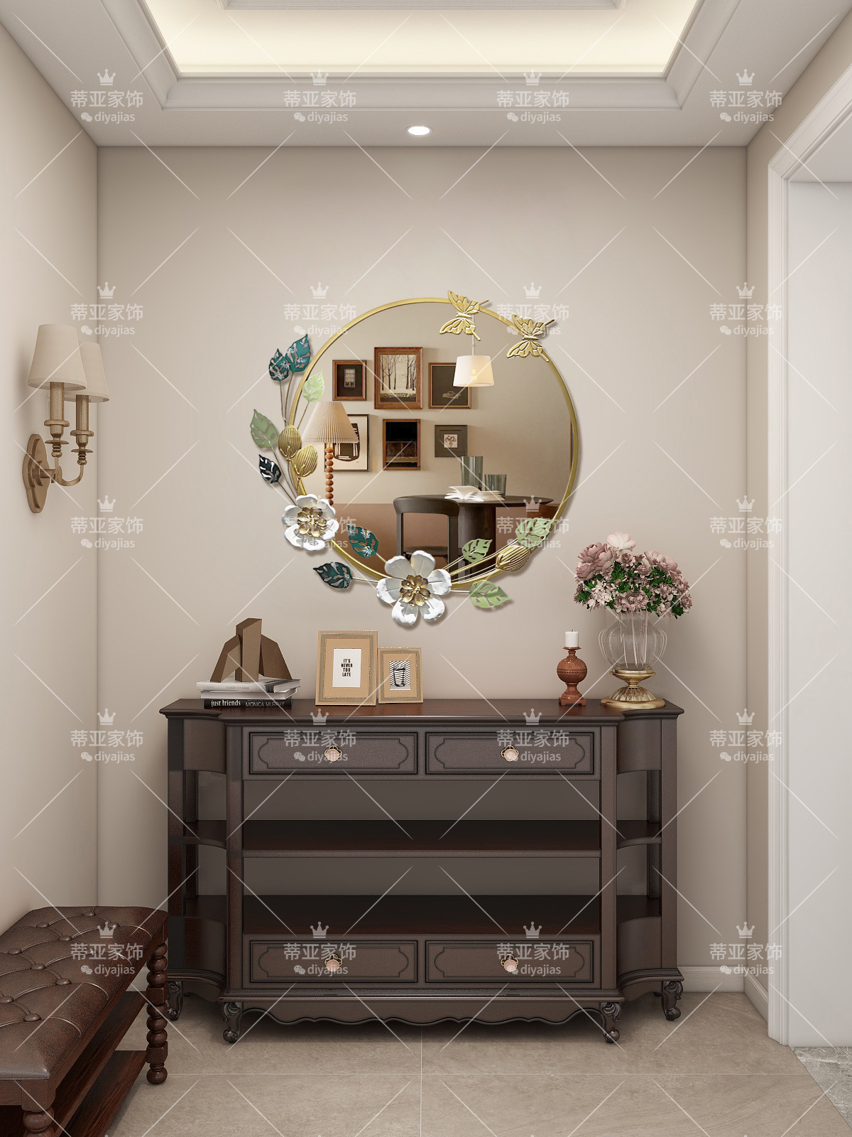 A circular gold-framed decorative mirror, a European-style metal three-dimensional standing mirror with white flowers, green leaves and golden butterflies details Picture