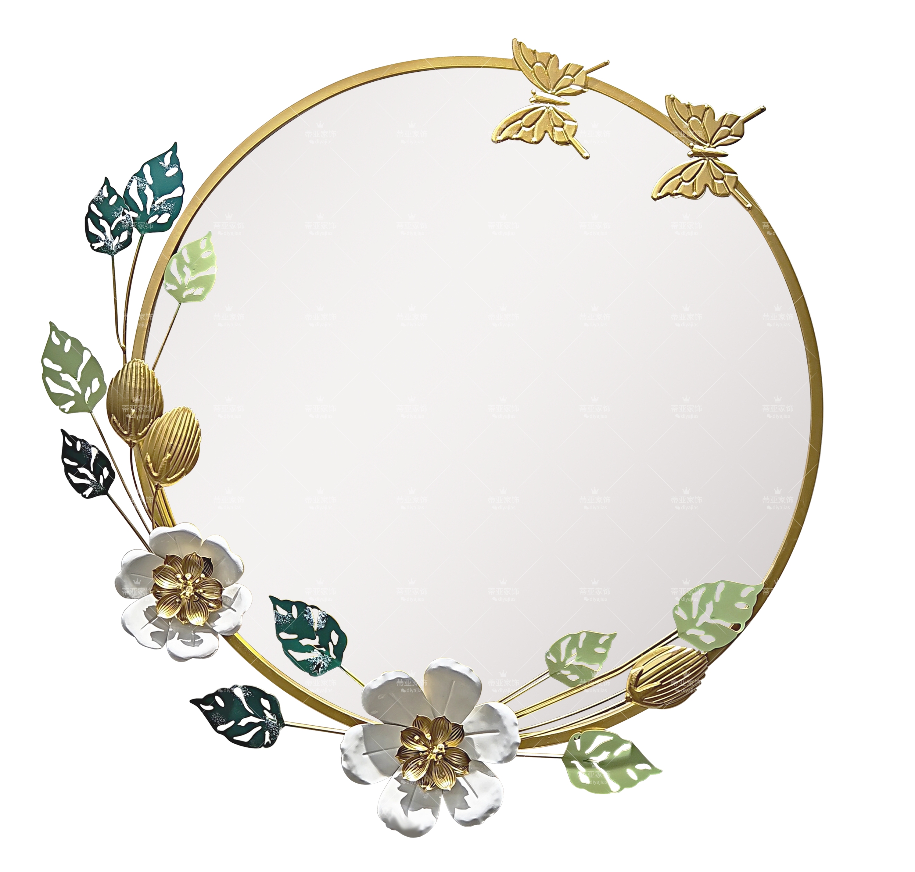 A circular gold-framed decorative mirror, a European-style metal three-dimensional standing mirror with white flowers, green leaves and golden butterflies