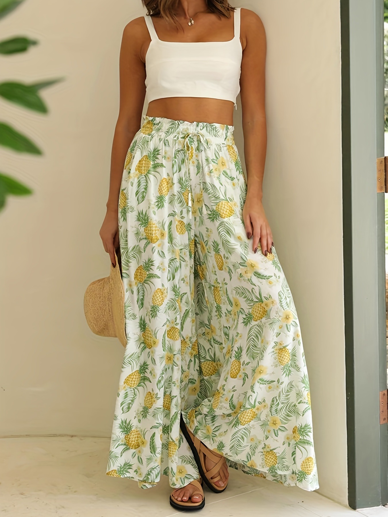 2026 New Chinese-style floral pattern cinched-waist dress, summer cheongsam-style long dress, summer high-waisted loose, comfortable and versatile printed wide-leg pants Item Picture