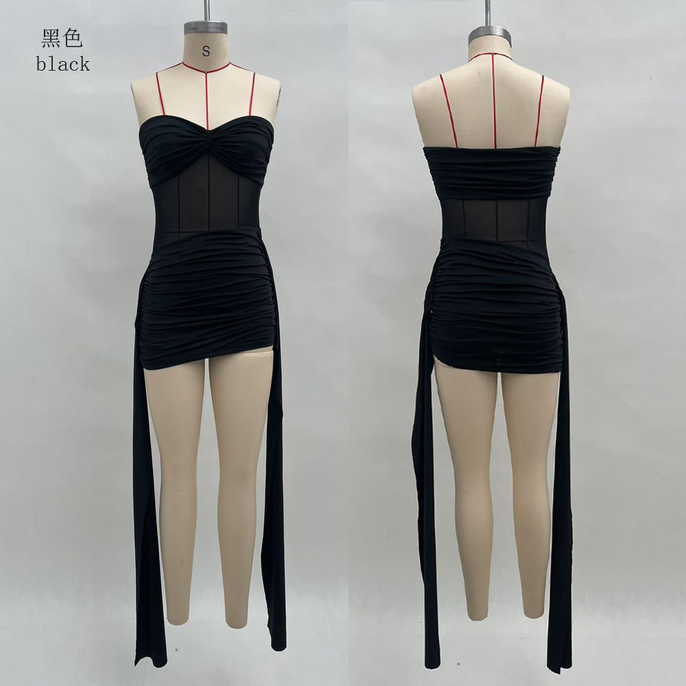2026 New women's summer collection: Mesh patchwork, elegant ribbon, solid color strapless jumpsuit Item Picture