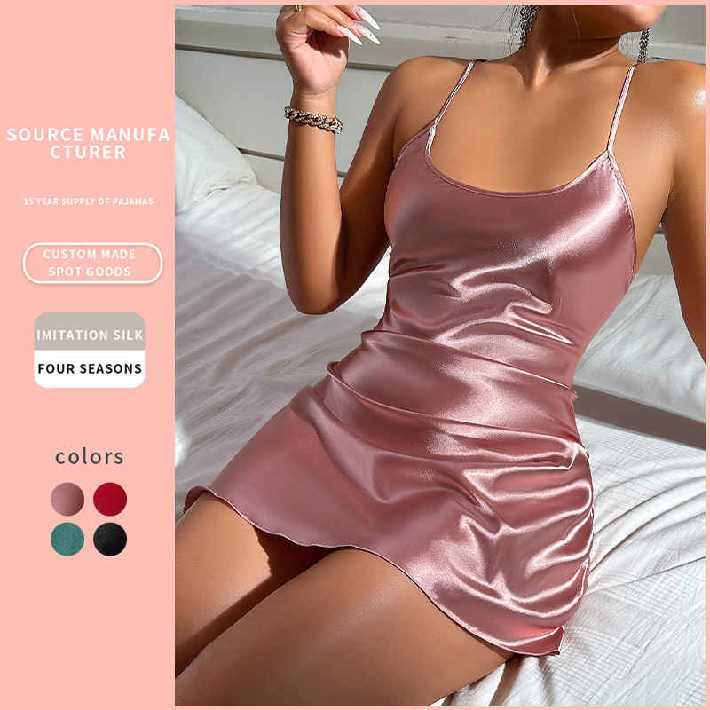 Pink silk halter vest dress, a beautiful backpack-butt dress for women, V-neck thin fishbone corset design full figure