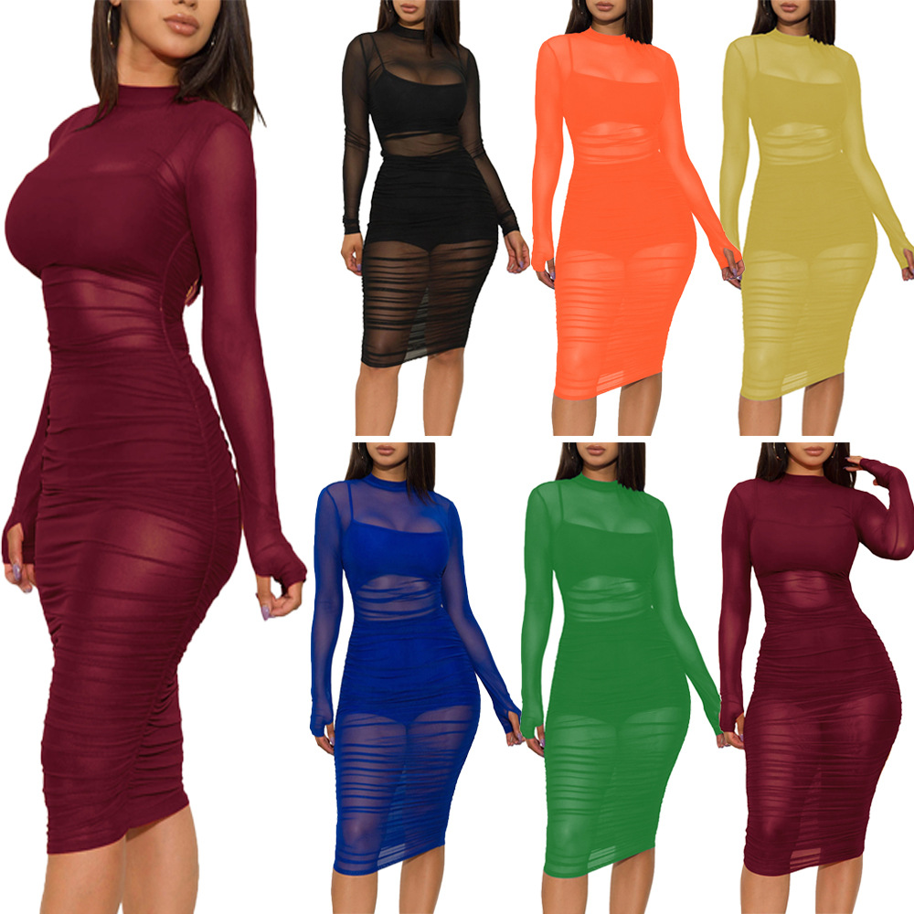Fashionable see-through tight waist-cinching dress for women in summer style, available in multiple colors such as wine red, black, orange, yellow, blue and green full figure
