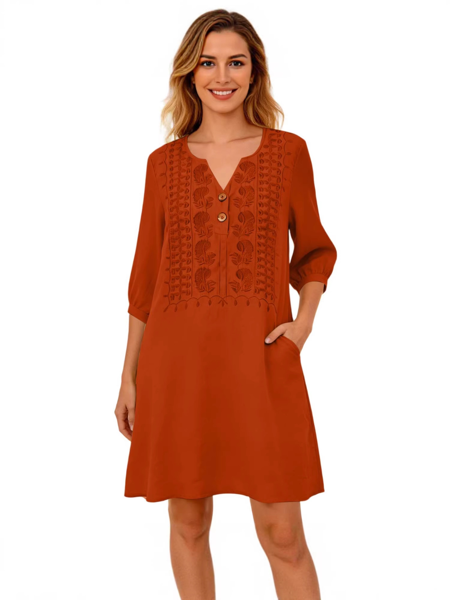 New women's linen cotton Amazon European and American cross-border loose casual solid color embroidered fashionable middress Application Scenario