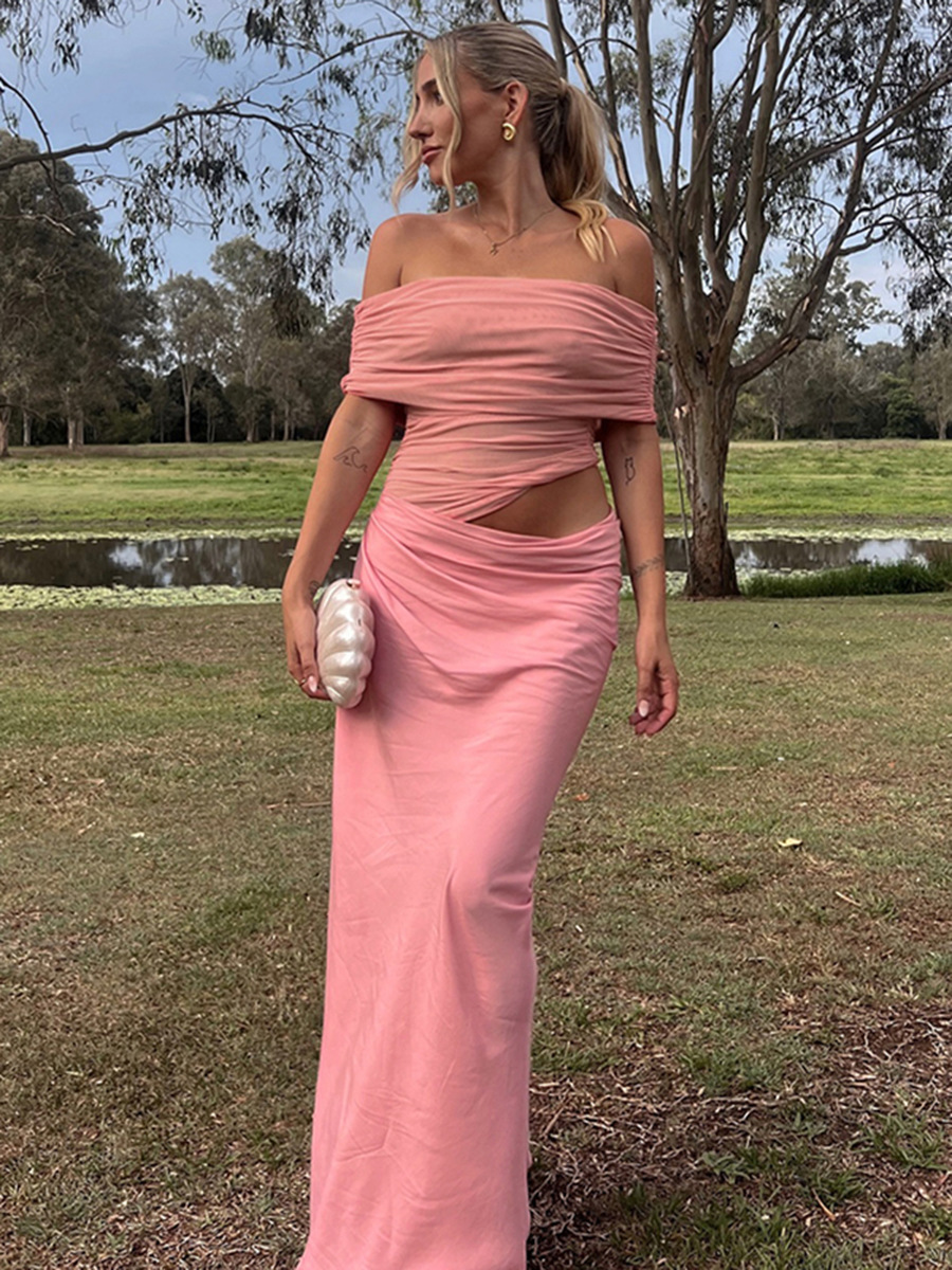 2026 new style pink off-the-shoulder, cinched waist, Chinese-style Polo collar dress for women, summer dress, European and American sexy one-shoulder, slightly transparent waist, vacation hip-hugging dress, shoulder wrap Application Scenario