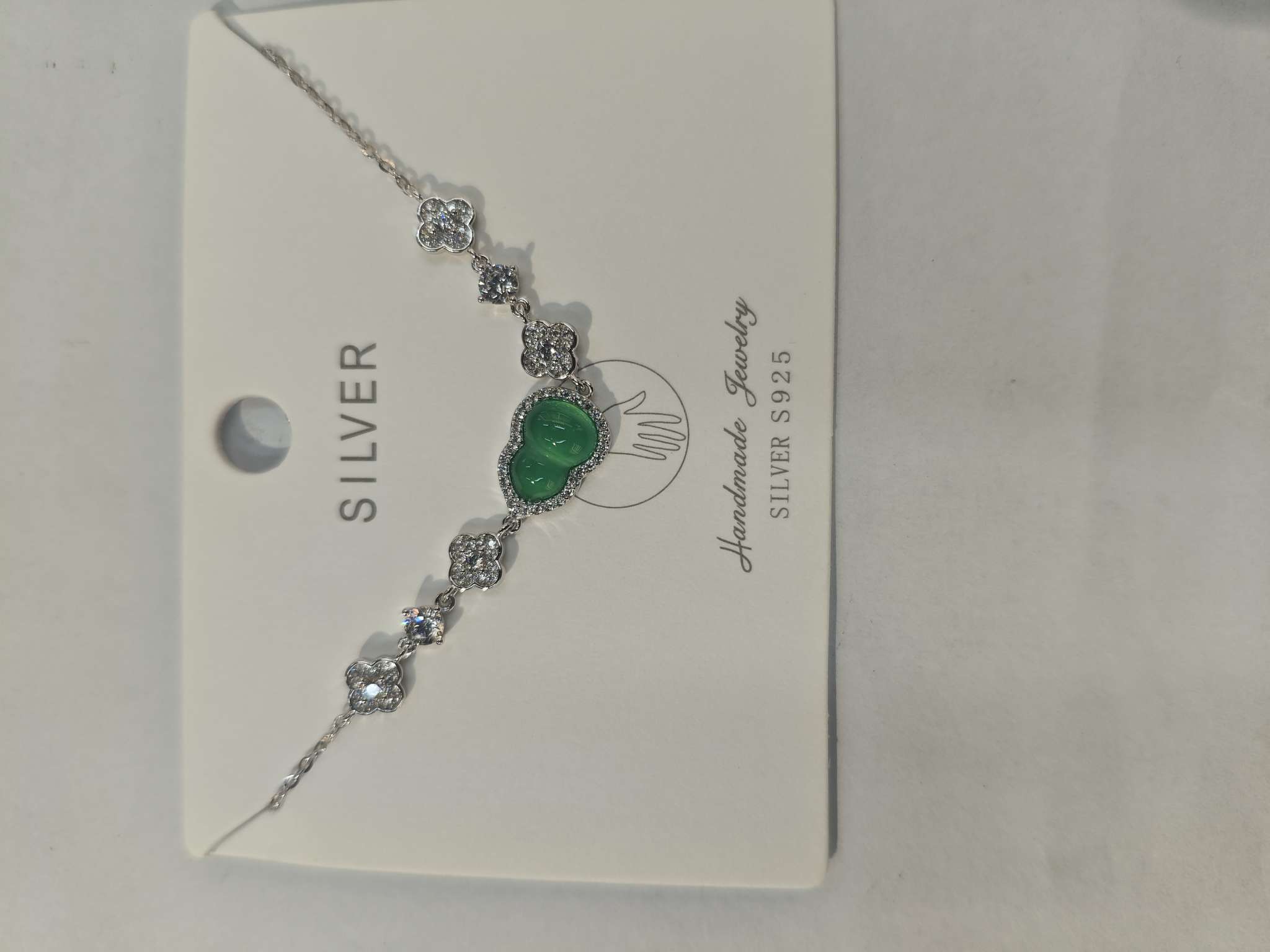 New S925 silver bracelet, green chalcedony Fortune silver bracelet Specification image
