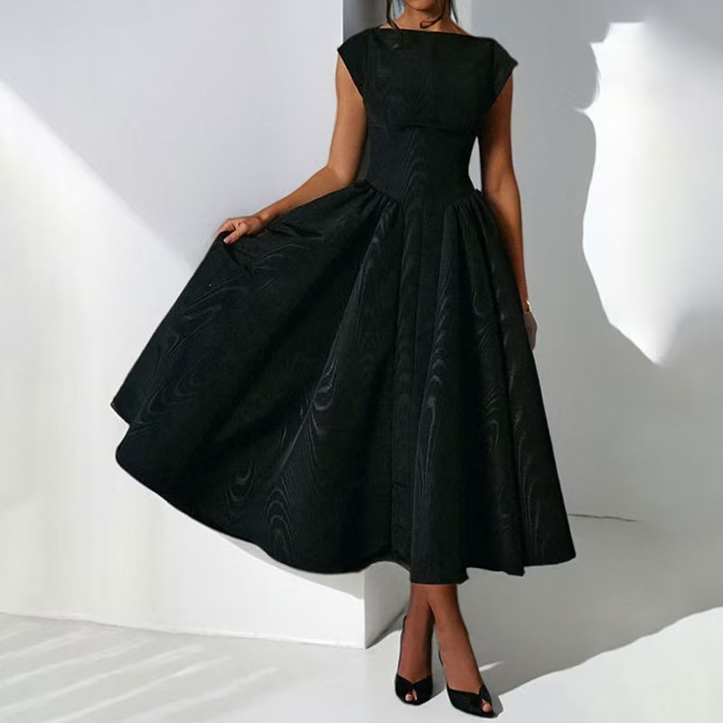 2026 New Style 2026 Foreign trade European and American women's clothing Spring New Style Elegant solid color sleeveless round neck cinched waist large swing dress Item Picture